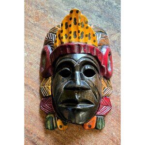 Mayan Vtg Mask Hand Carved Wood 5.75"x2.25" Painted Tribal Ceremonial Folk Art
